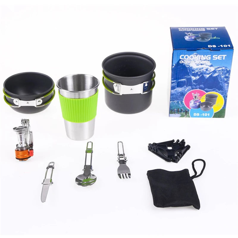 Aluminum Alloy Outdoor Camping Trip Cookware Camping Pot Hiking Picnic Tourist Tableware Set with Folding Spoon Mini Gas Stove