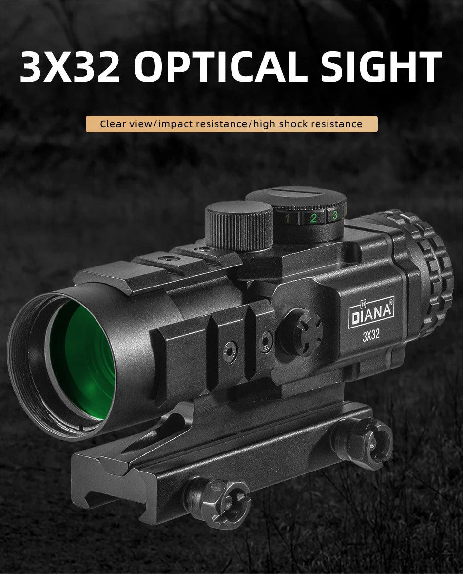 Diana 3X32 Red Dot Green Light Hunting Rifle Collimator Sight Tactical Optical Rifle Scope Spotting Scope for 20mm Rifle Hunting