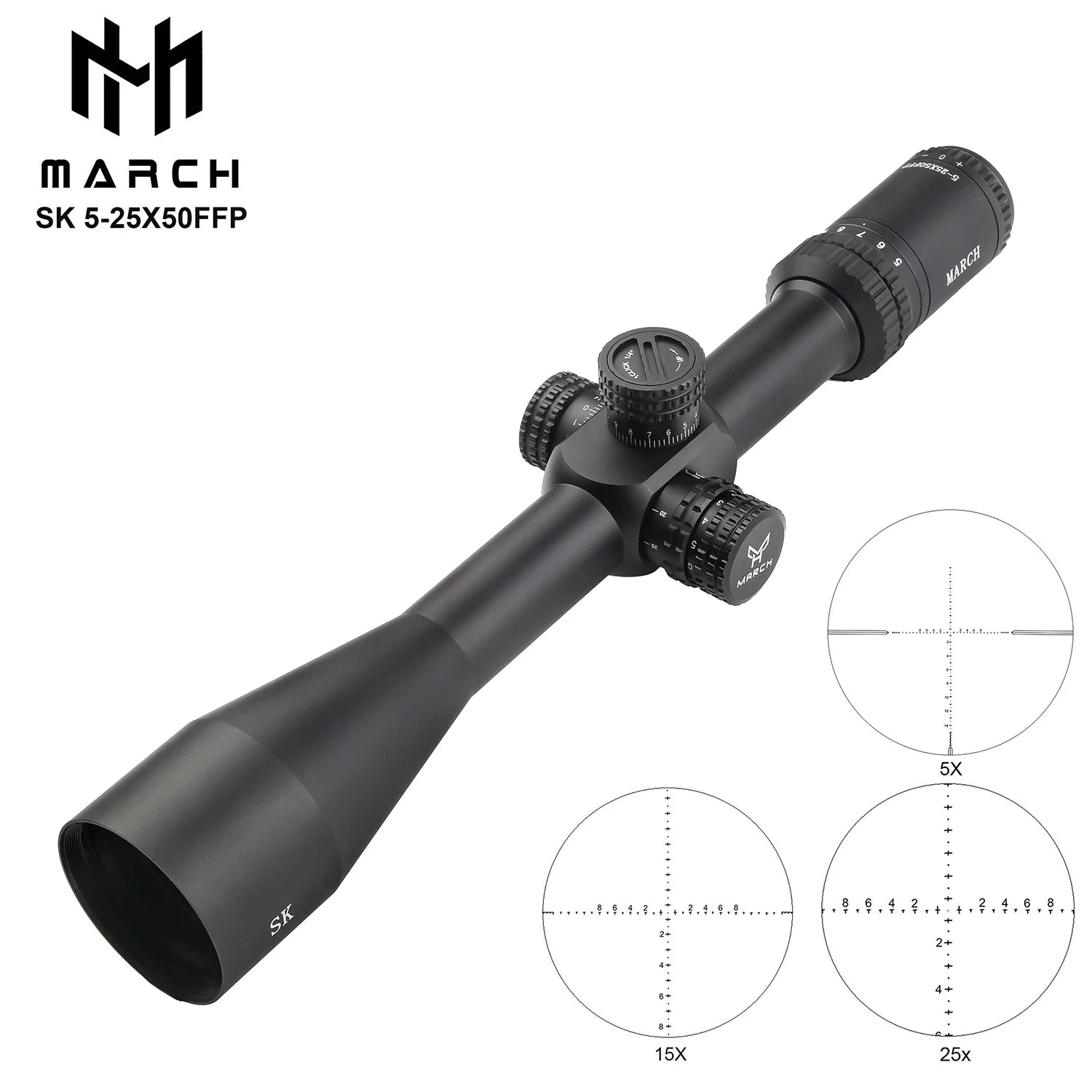 MARCH SK5-25X50 FFP IR Tactical Riflescope Spotting Scope for Rifle Hunting Optical Collimator Airsoft Airgun Sight Etched Glass