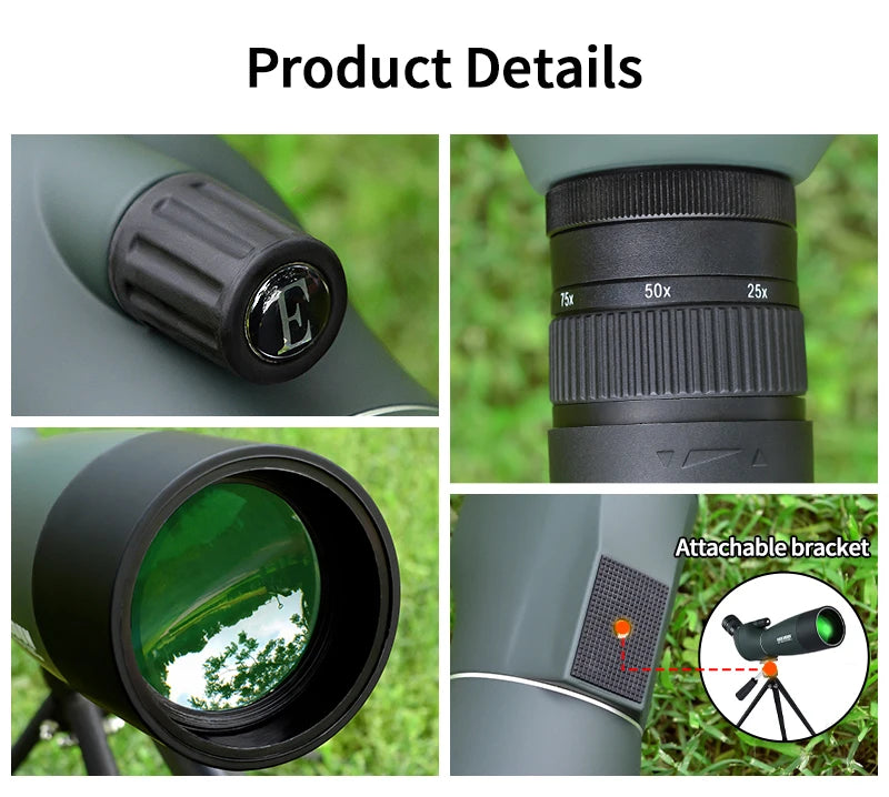 25-75x70 HD Spotting Scope Zoom Monocular Telescope BAK4 Prism ED Lens IPX6 Waterproof for Target Shooting Bird Watching Camping