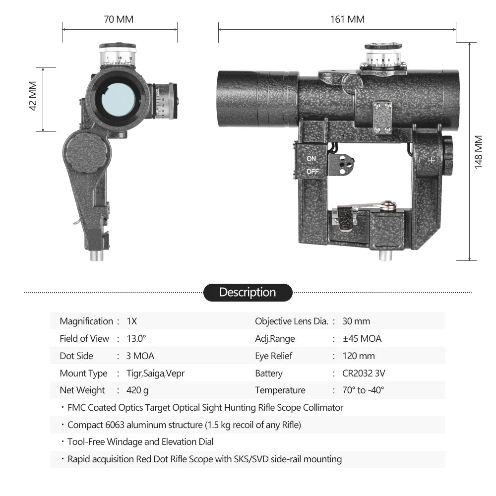 SVD 1x30 Tactical Hunting Riflescope Red Dot Sight With Side-Rail Mount For Airsoft Spotting Shooting Rifle AK47/74 Scope