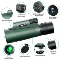 10-30x50 Zoom Telescope Astronomical Hunting Monocular Camping Equipment HD Spotting Scope with Phone Adapter Tripod