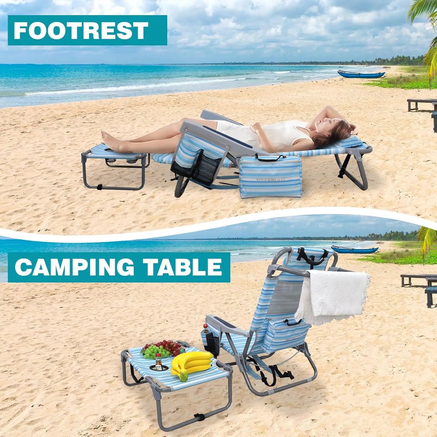 Backpack Folding Beach Chairs Set of 2 Heavy Duty 350Ibs with Camping Table Portable Lay Flat Beach Chair 5-Position Adjustable