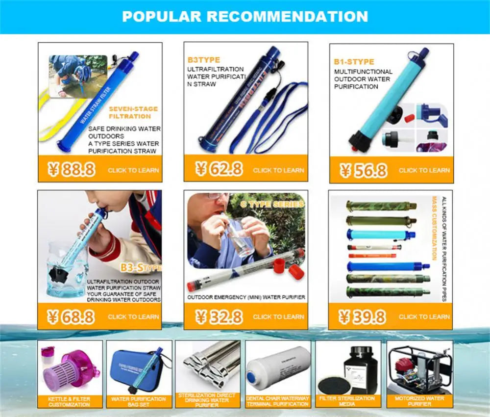 Camping Water Filter Straw Water Purifier Filtration System Bottom Thread Ultrafiltration Film Outdoor Emergency Survival Tools