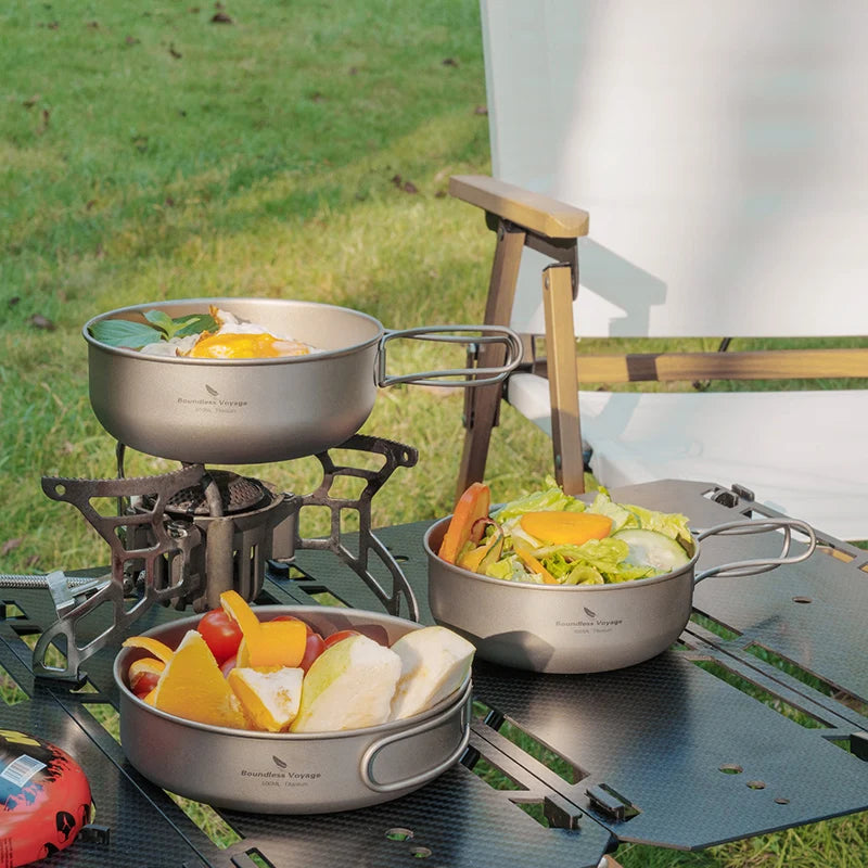 Boundless Voyage Outdoor Camping Titanium Bowl Pan Plate Dish Set 3pcs Ultralight Cookware Tableware Outdoor Dinnerware Ti2031C