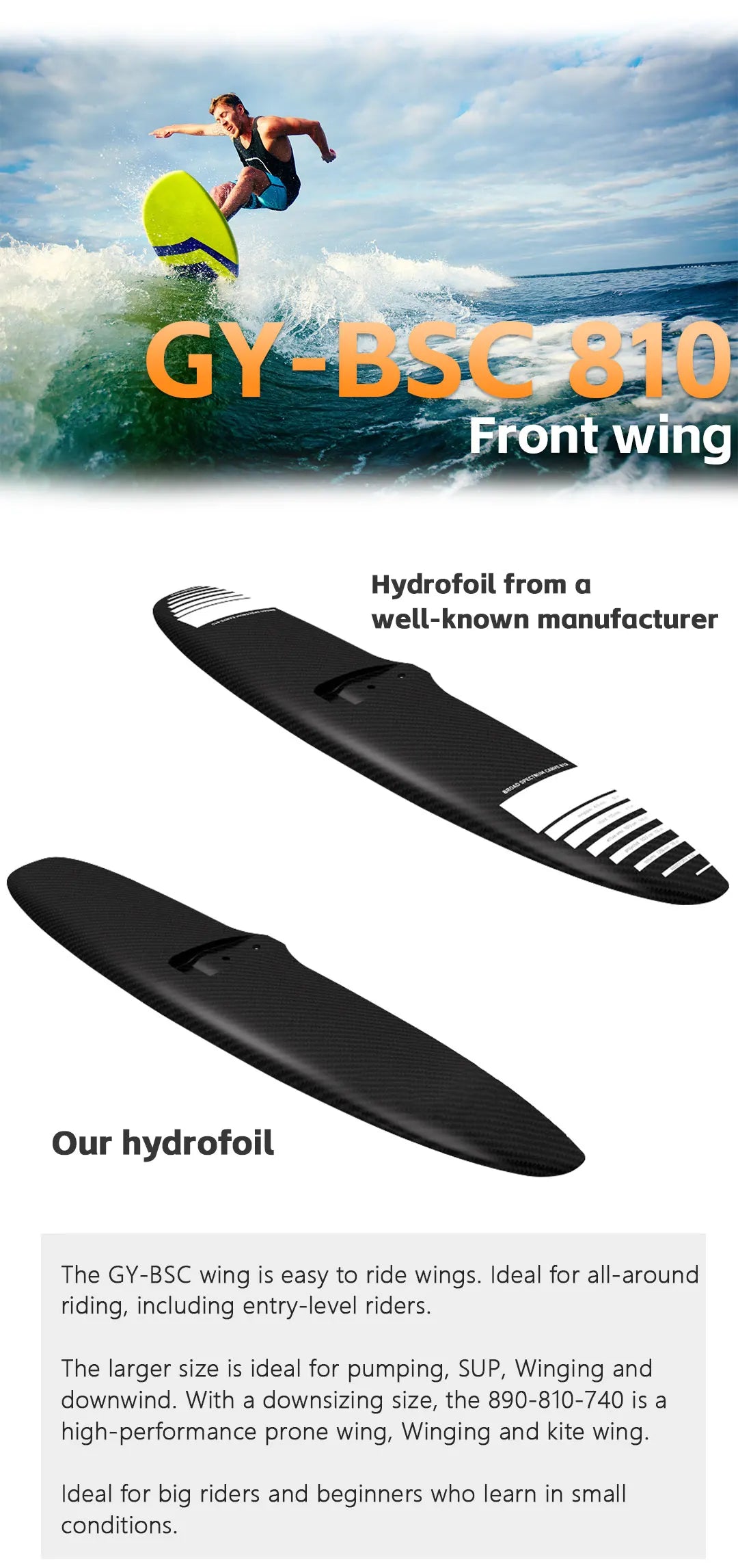 Carbon Fiber Front Wing Set of Hydrofoils, Water Sports Kite and surfing, Factory Price, GY-BSC810, 1022 sqcm