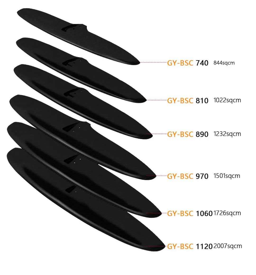 Carbon Fiber Front Wing Set of Hydrofoils, Water Sports Kite and surfing, Factory Price, GY-BSC810, 1022 sqcm