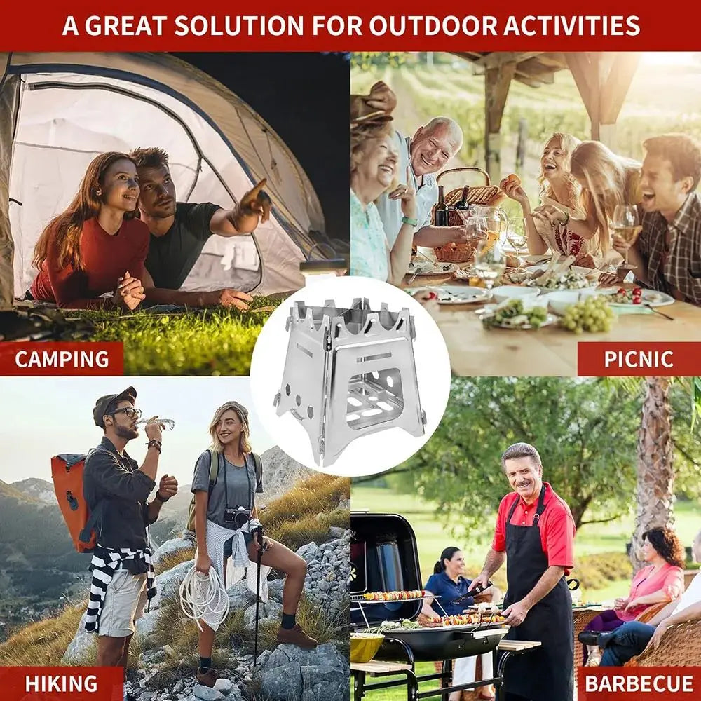 Portable Camping Wood Stove with Stainless Steel Folding Lightweight Firewood Stove For Outdoor Hiking Traveling BBQ Picnic