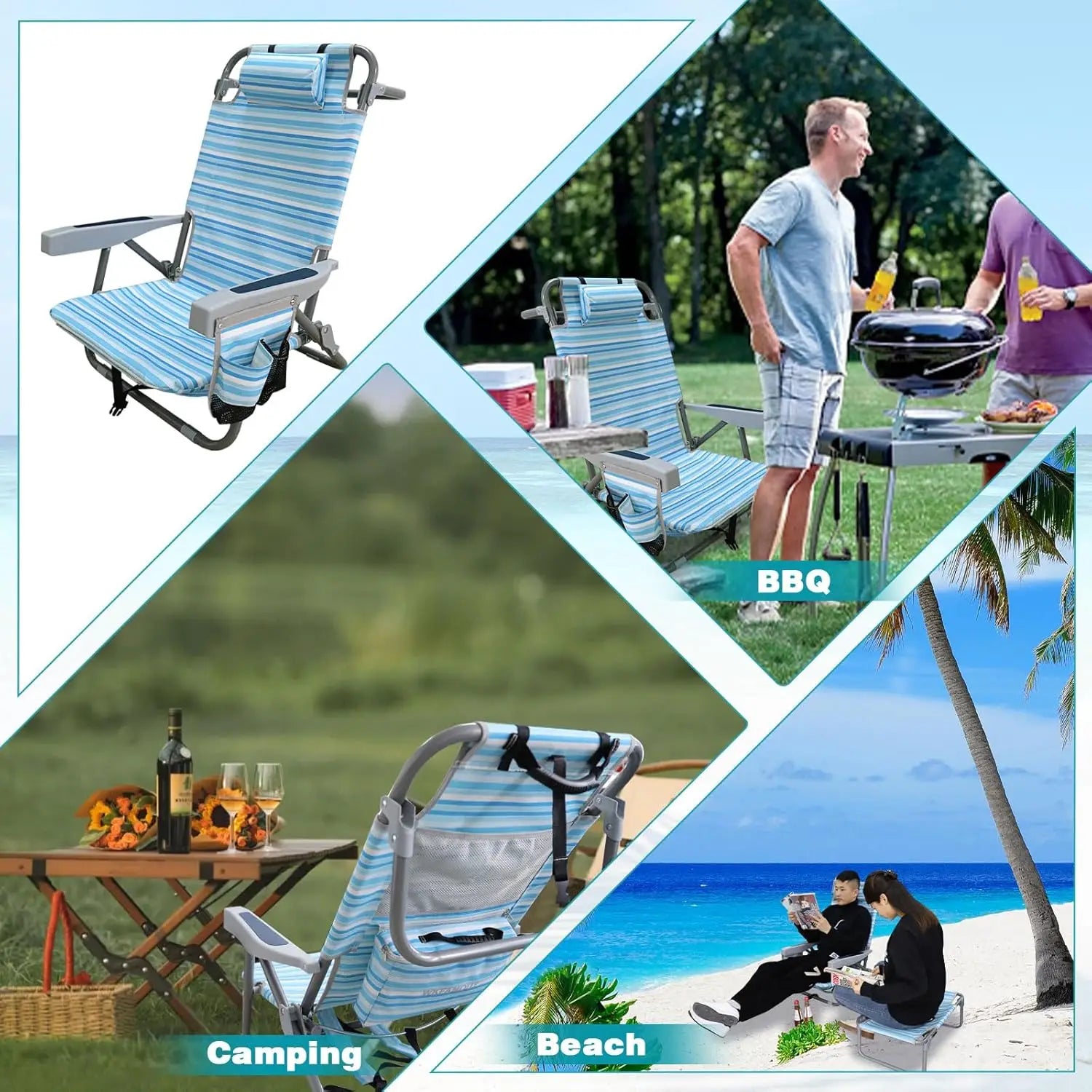 Backpack Folding Beach Chairs Set of 2 Heavy Duty 350Ibs with Camping Table Portable Lay Flat Beach Chair 5-Position Adjustable