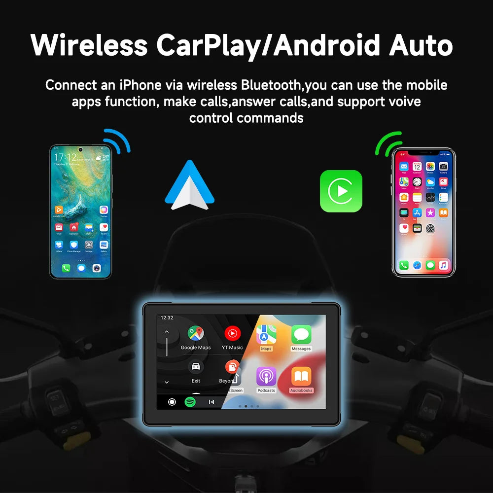 7"Motorcycle Multimedia Player GPS Navigation Recorder Wireless CarPlay Android Auto IP67 Waterproof Screen Bluetooth 2024 New