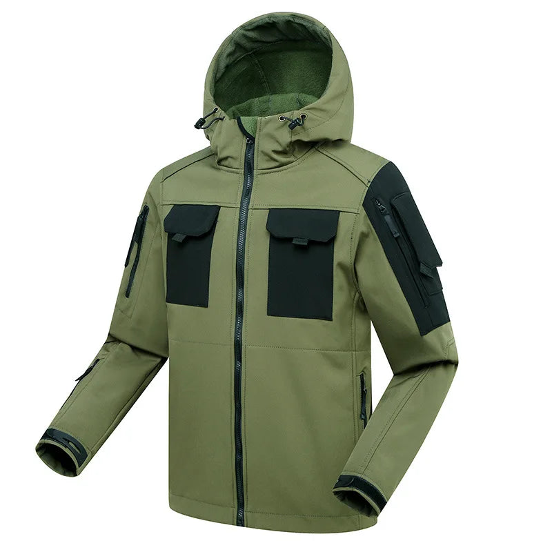 Military Fleece Warm Cargo Sets Men Winter Multi-pocket Hooded Jacket+Soft Shell Wear-resistant Straight Pant 2Pcs Suit Army Set