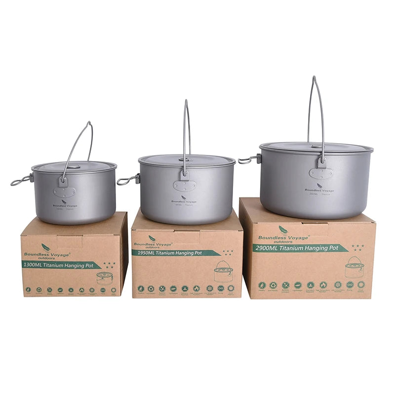 Boundless Voyage Outdoor Camping Titanium Cooking Pots Hanging Pot with Handle Picnic Hiking Kettle Cookware 1.3L 1.95L 2.9L