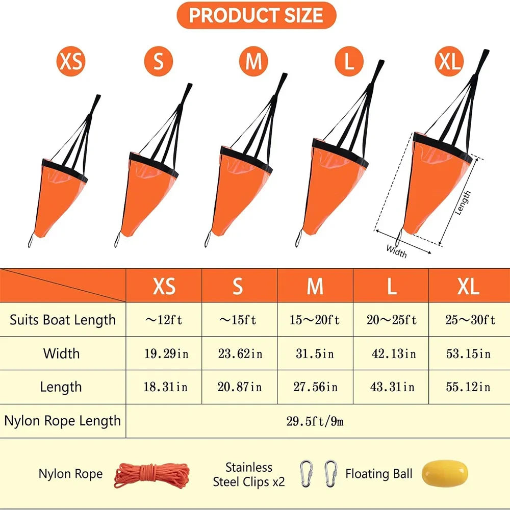 Drift Sock 19/24/32/42/53in   for Boats with 30FT Tow Rope Line Buoy Ball  for Fishing Boat/Sail Boat/Kayak Trolling Sock