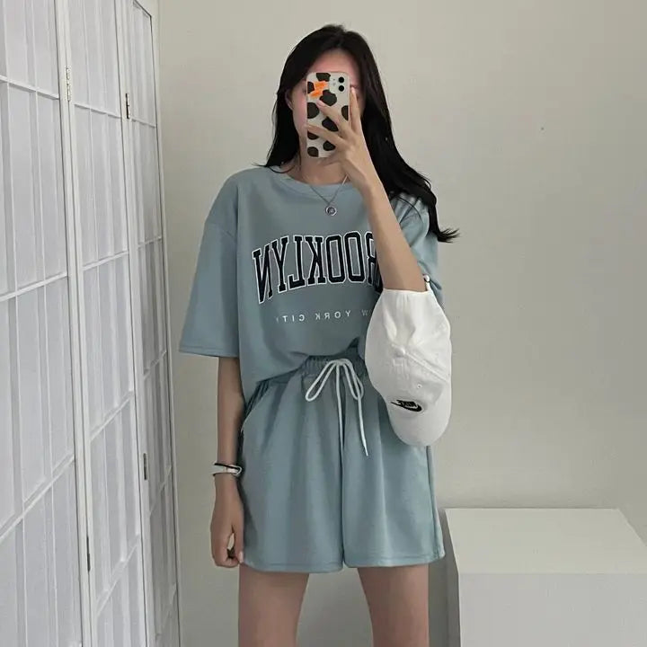 Korean Style Summer Female Sporty Outfit Running Gym Suit Women Clothing Two Piece Sets Short Sleeve T shirt Top Shorts Casual