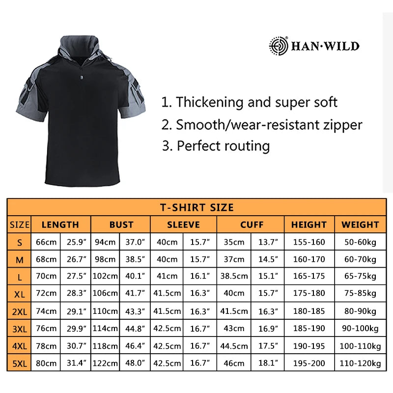 HAN WILD Tactical T-shirt Men Short Sleeves Softair Climb Shirt Men Clothing Hunting Soldiers Hood Shirt Camping Equipment