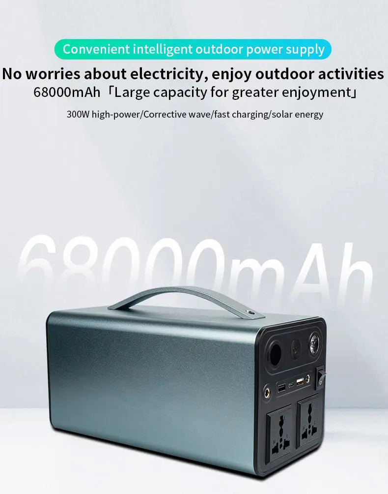 68000mAh Solar Generator LiFePO4 Power Supply Station 300W Portable Auxiliary Battery Power Bank USB C PD DC for Outdoor Camping