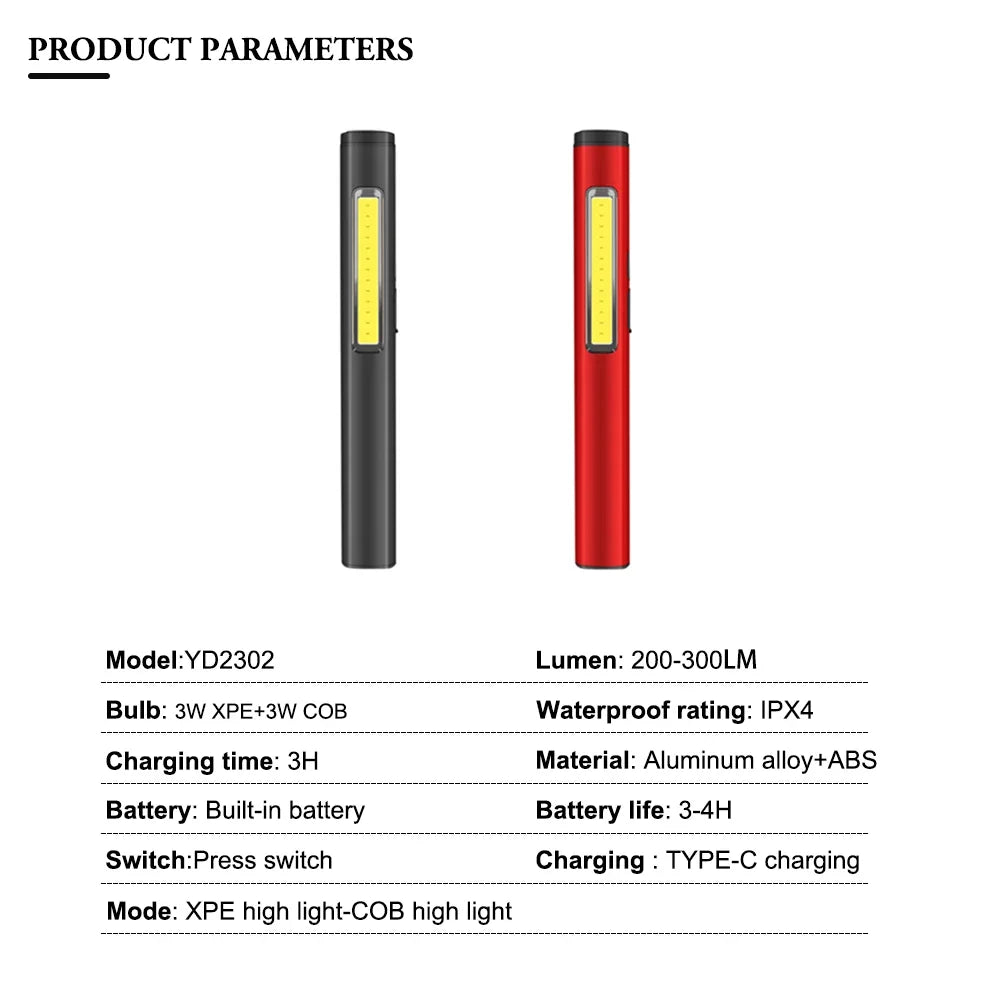 Mini LED Keychain Flashlight 300LM Portable Pen Lamp With Clip Magnet XPE+COB Light Type-C Rechargeable Torch Camping Lantern