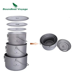 Boundless Voyage Outdoor Camping Titanium Cooking Pots Hanging Pot with Handle Picnic Hiking Kettle Cookware 1.3L 1.95L 2.9L