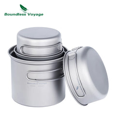 Boundless Voyage Outdoor Titanium Camping Pot Pan Set with Folding Handle Picnic Hiking Mini Size Cookware Mess Kit Ti2037-39C