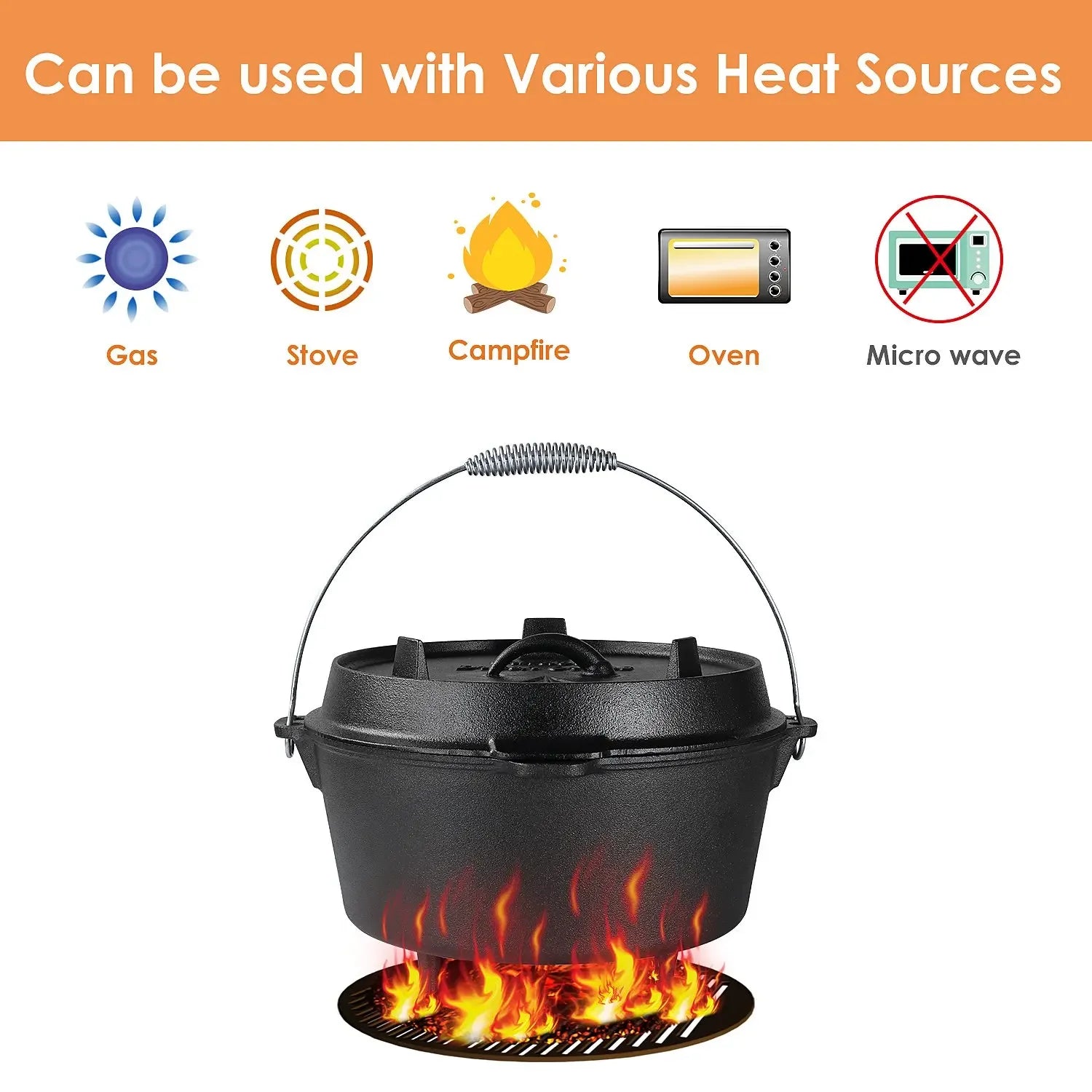 5/12.5 Quart Cast Iron Dutch Oven Camping Pot Outdoor Portable Multi-function Cookware Stew Barbecue Soup Picnic Pot