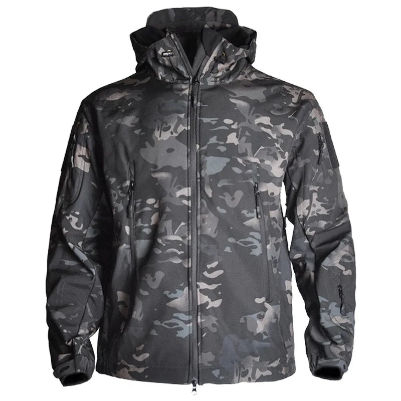 Men's Zipper Soft Shell Windbreaker Tactical Waterproof Jackets Plus Size Men Hooded Coat Camouflage Bomber Fleece Jumper Jacket