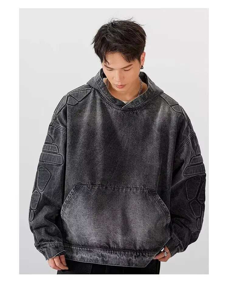 Denim Hooded Jacket Men Women Convex Turtle Shell Pattern Loose Casual Vintage Sweatshirt Coat Street Washed Denim Pullovers New