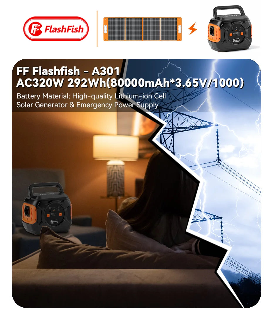 FF Flashfish A301 230V 320W Portable Power Station 292Wh Solar Generator 100W PD Battery AC Power Bank with Solar Panel 100W 18V