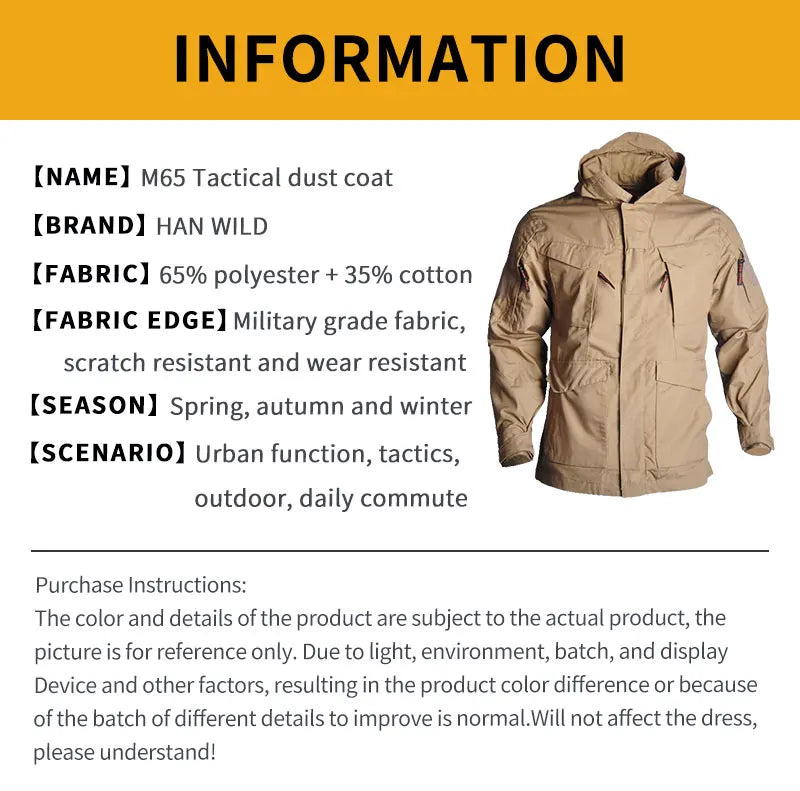 HAN WILD M65 Jacket Tactical Hiking Jackets Windbreaker Men Clothing Hunting Airsoft Camping Coat Hood Jacket Trekking Uniform