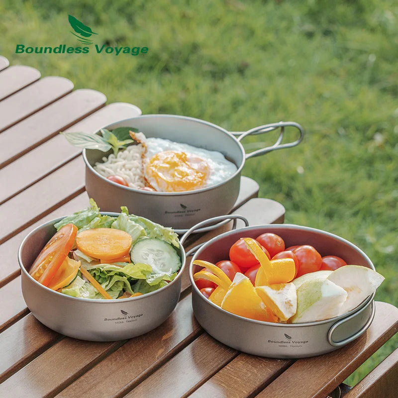 Boundless Voyage Outdoor Camping Titanium Bowl Pan Plate Dish Set 3pcs Ultralight Cookware Tableware Outdoor Dinnerware Ti2031C