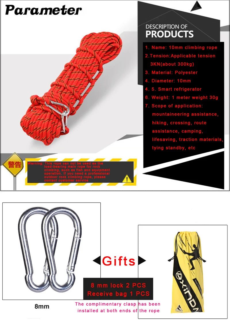 10m20m Outdoor Rescue Rope Mountaineering Safety Rope Mountaineering Safety Escape Auxiliary Rope Wild Hiking Survival Equipment