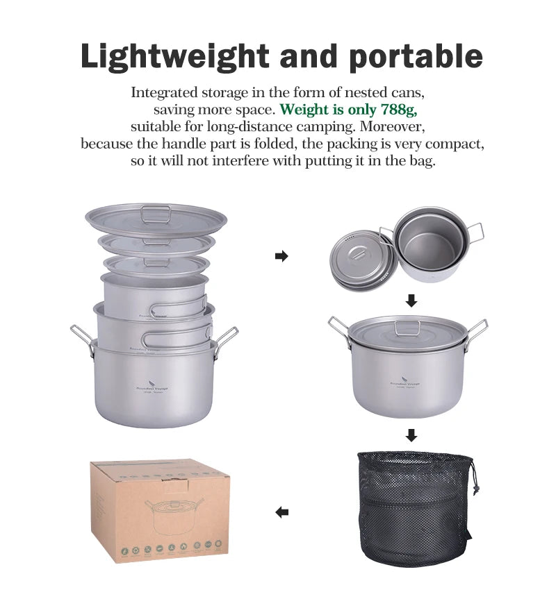 Boundless Voyage Titanium Camping Cookware Mess Kit Portable Camp Frying Pan and Pots Set with Steaming Grid for Outdoor Picnic