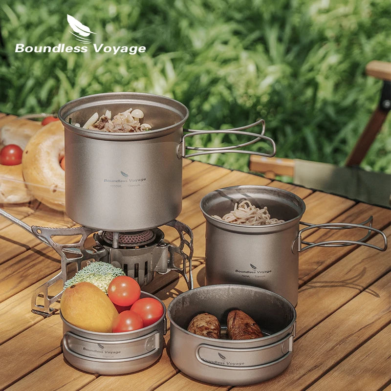 Boundless Voyage Outdoor Titanium Camping Pot Pan Set with Folding Handle Picnic Hiking Mini Size Cookware Mess Kit Ti2037-39C