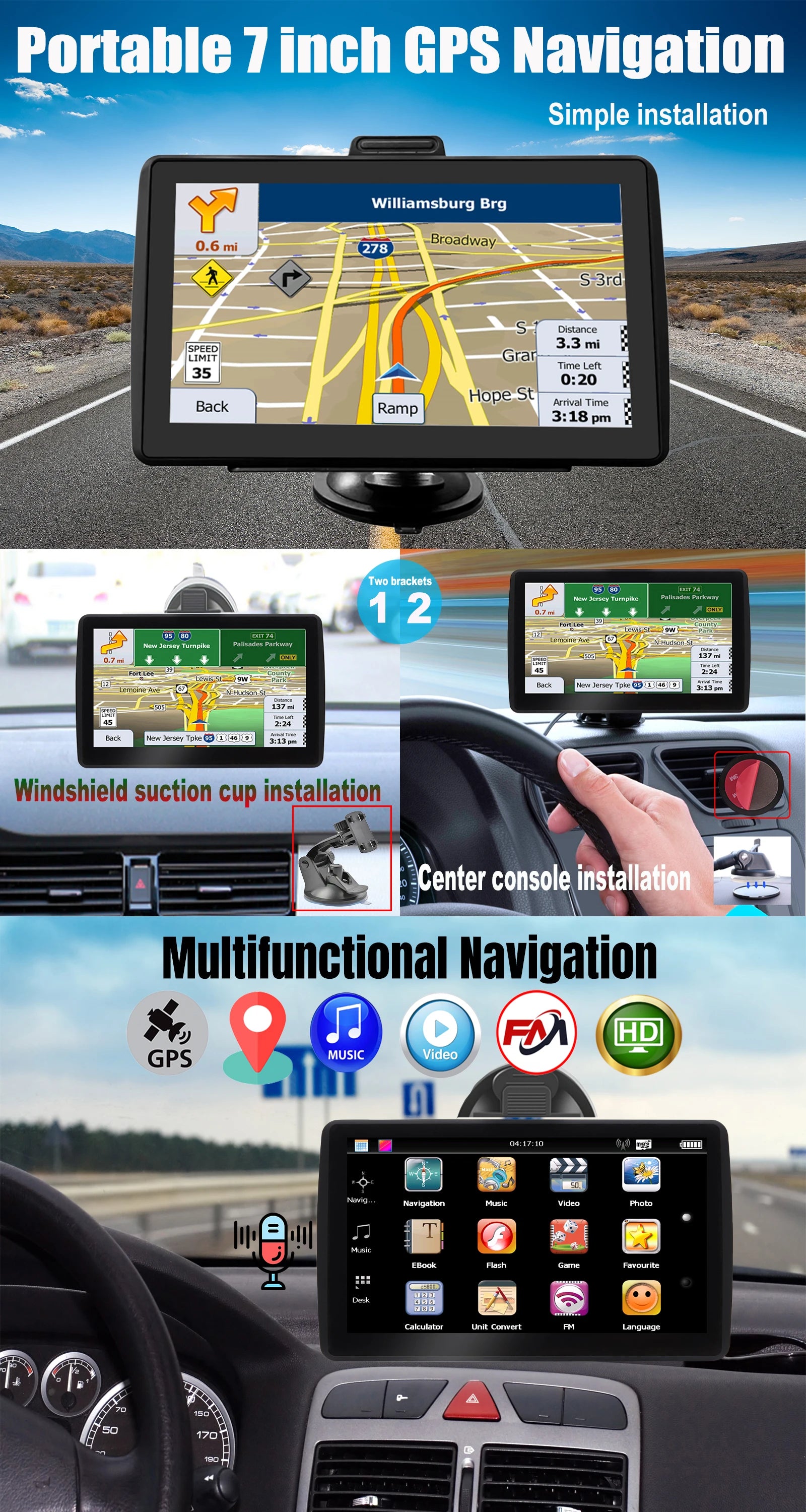 7 Inch GPS Navigation for Car Truck SAT NAV Accessories Tools  Navigator 2024 Free Update Europe North America Map 8GB FM Music