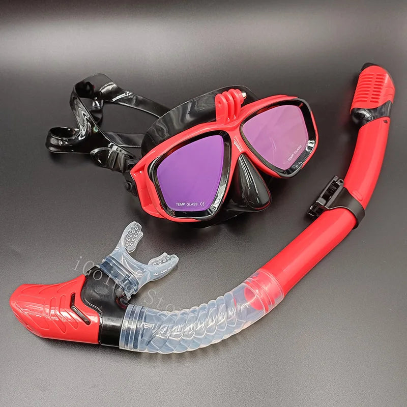 Mirror Lens Snorkel Set with Gopro Mount Diving Masks Snorkeling Set with Anti-Fog Goggle Glasses Swimming Equipment Women Men