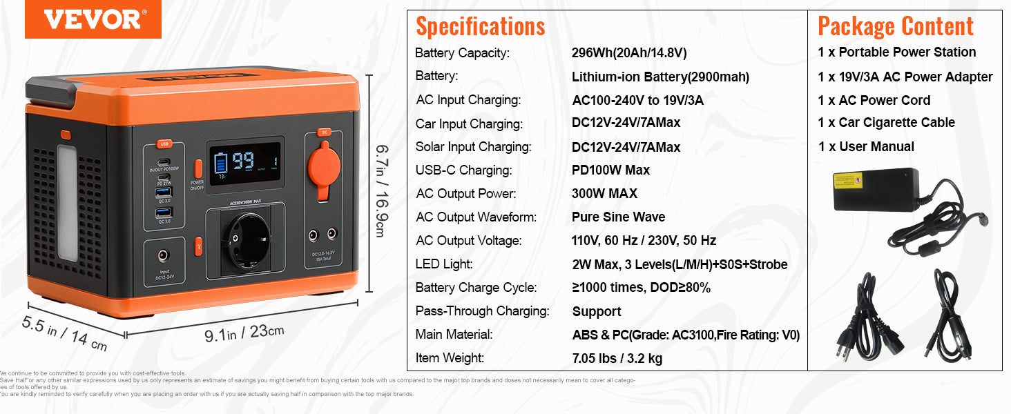 VEVOR Portable Power Station Solar Generator 296Wh 300W Pure Sine Wave Lithium Battery for Outdoors Camping Emergency Charging