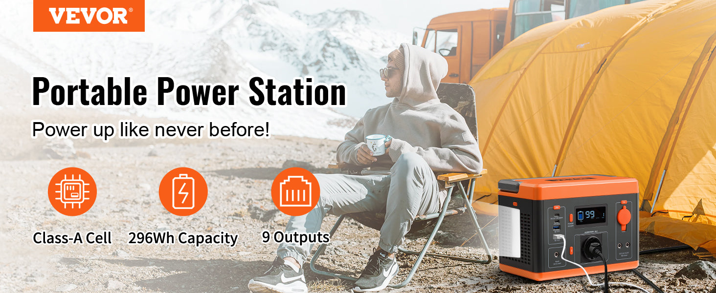 VEVOR Portable Power Station Solar Generator 296Wh 300W Pure Sine Wave Lithium Battery for Outdoors Camping Emergency Charging